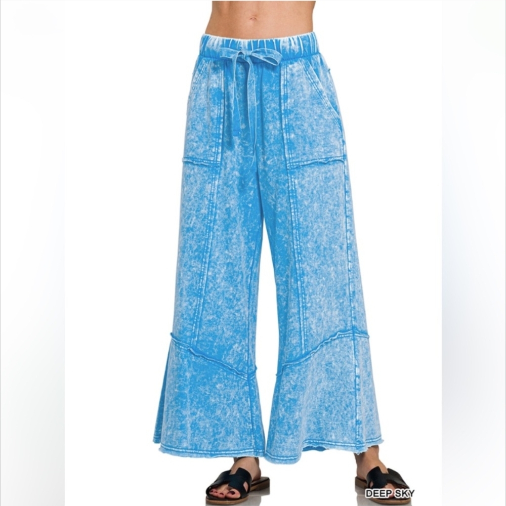 Zenana Exposed Seam Flare Hem Pants with Pockets Deep Sky